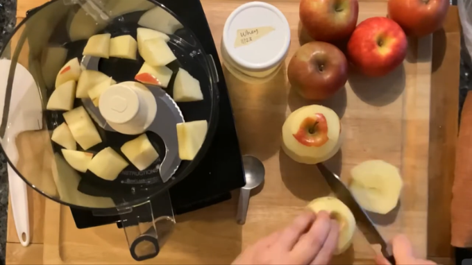 cutting apples to put into food processor