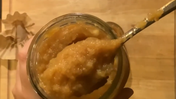 fermented applesauce on a spoon
