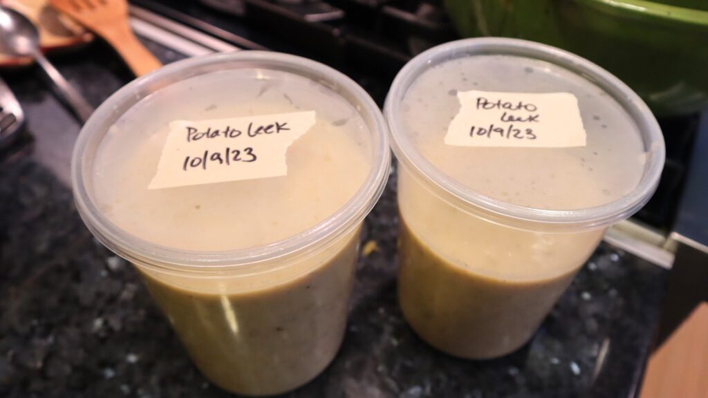 Potato leek soup labeled and ready for the freezer.